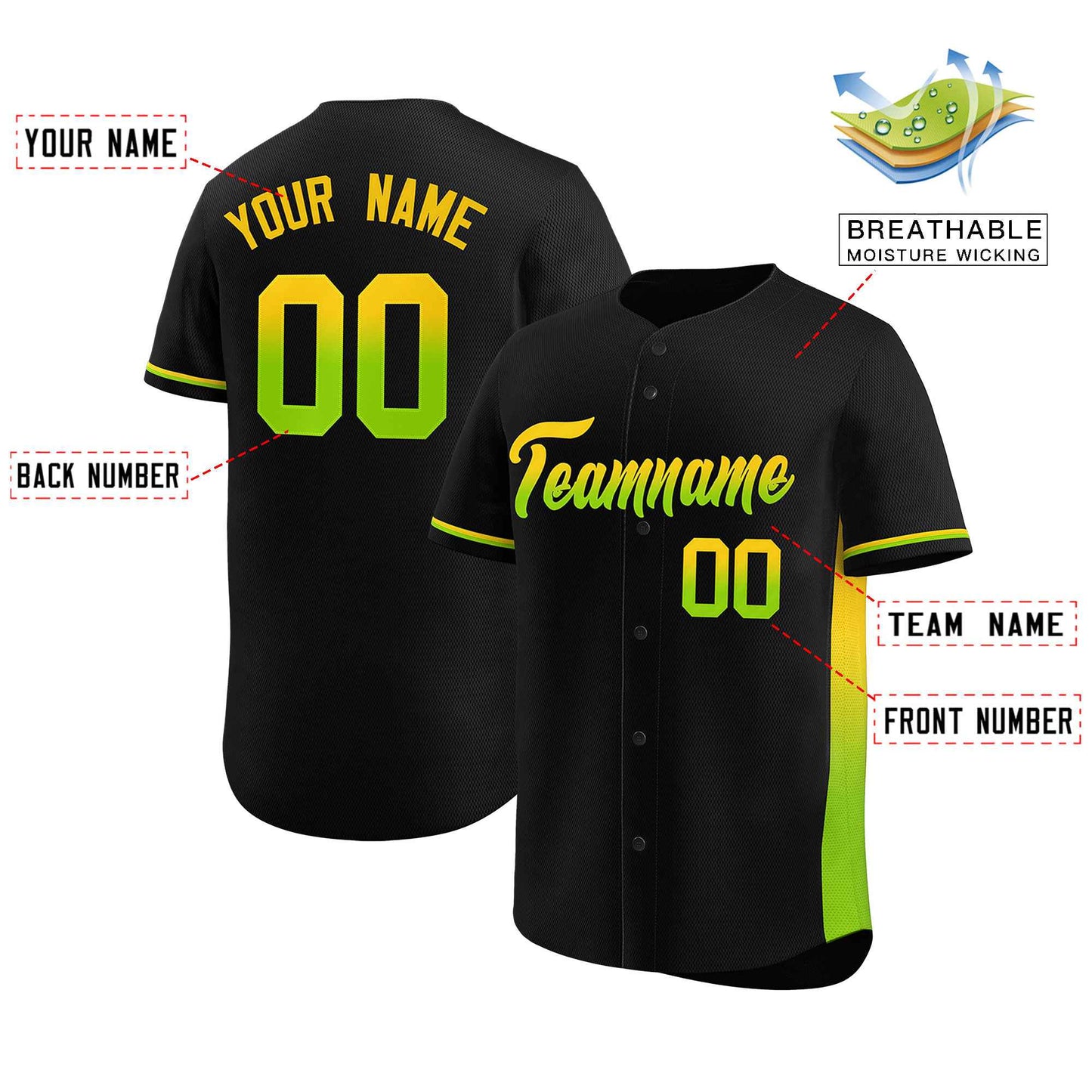 Custom Black Gold-Neon Green Personalized Gradient Font And Side Design Authentic Baseball Jersey