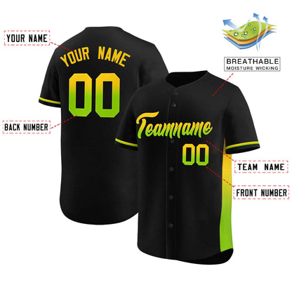 Custom Black Gold-Neon Green Personalized Gradient Font And Side Design Authentic Baseball Jersey