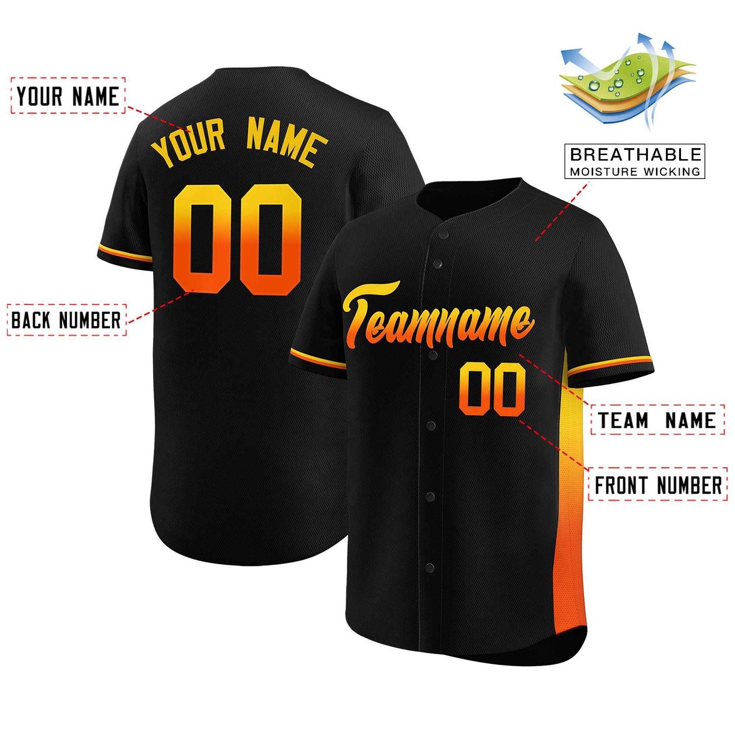 Custom Black Gold-Orange Personalized Gradient Font And Side Design Authentic Baseball Jersey