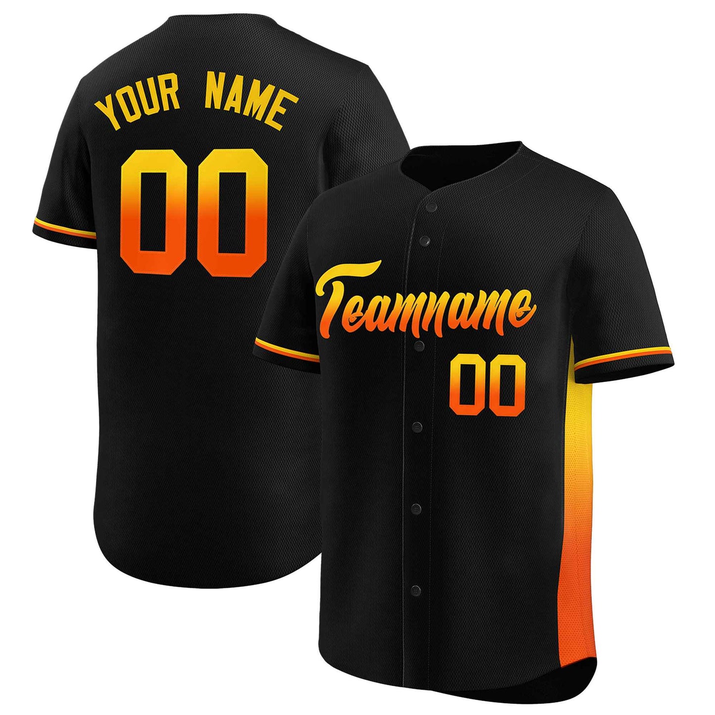 Custom Black Gold-Orange Personalized Gradient Font And Side Design Authentic Baseball Jersey