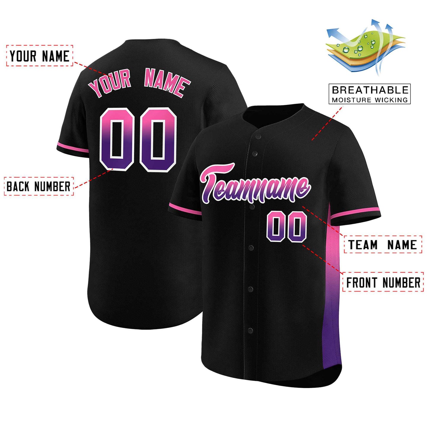 Custom Black Pink-Purple Personalized Gradient Font And Side Design Authentic Baseball Jersey