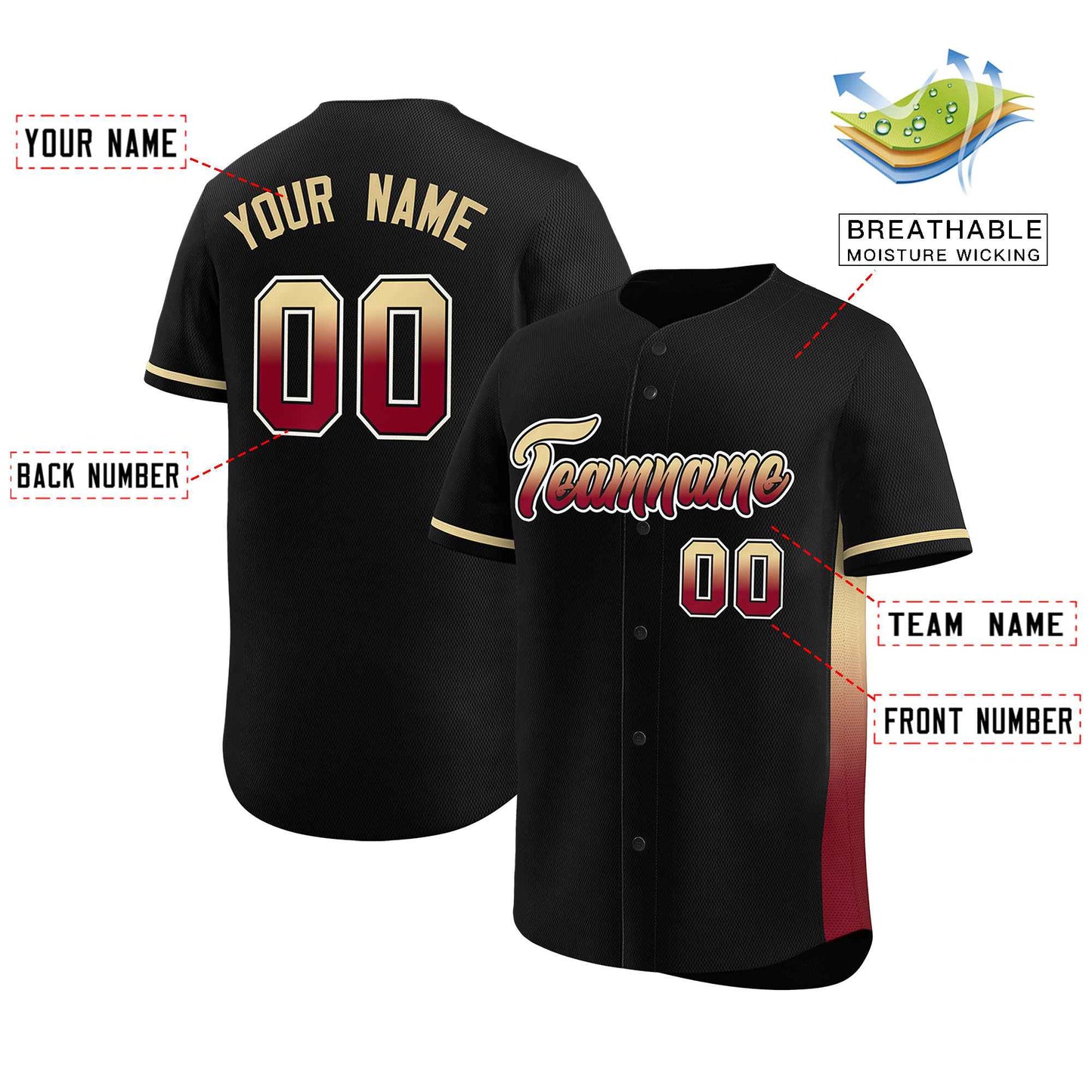 Custom Black Khaki-Crimson Personalized Gradient Font And Side Design Authentic Baseball Jersey