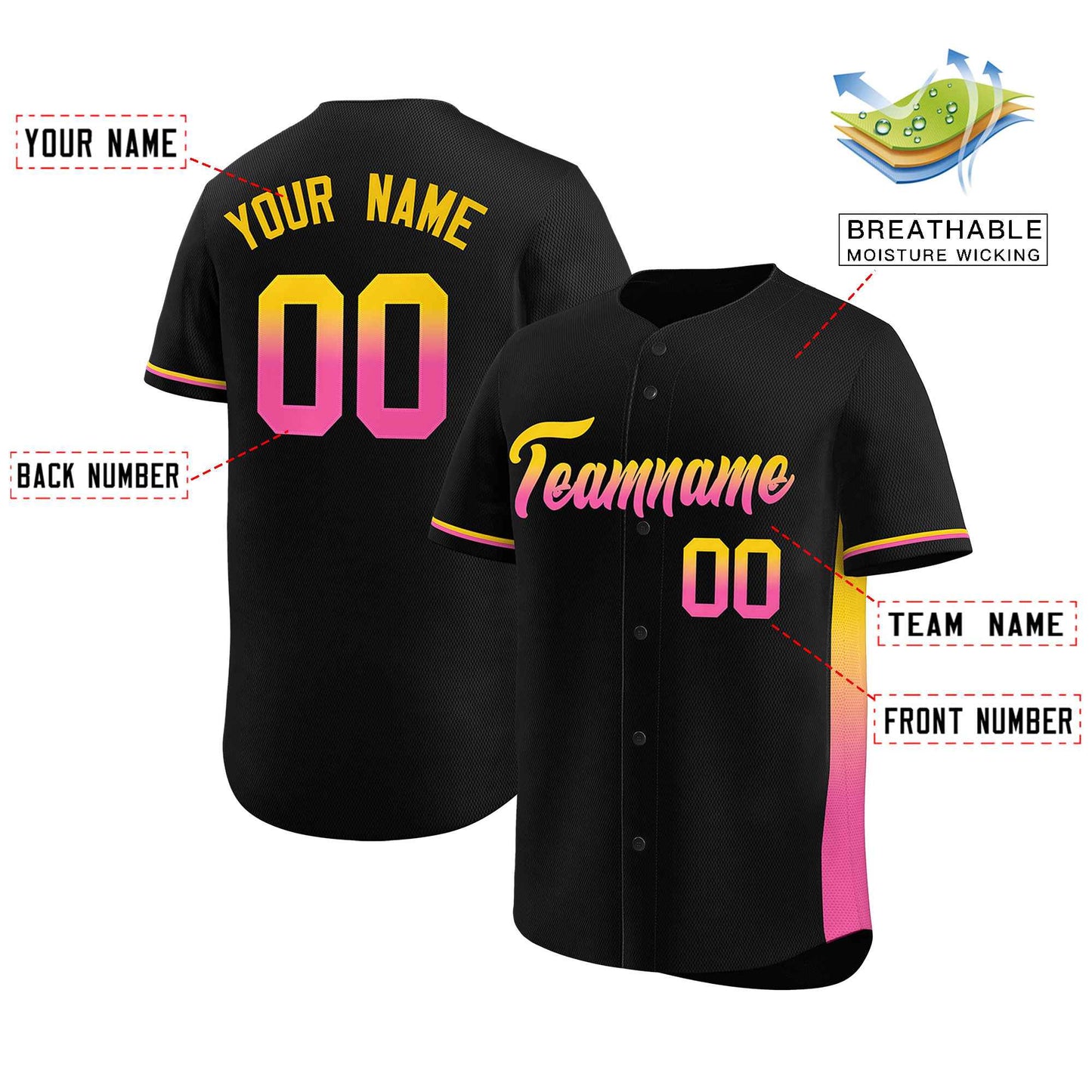 Custom Black Gold-Pink Personalized Gradient Font And Side Design Authentic Baseball Jersey