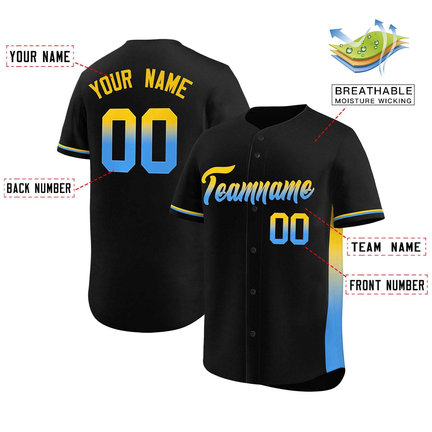 Custom Black Gold-Powder Blue Personalized Gradient Font And Side Design Authentic Baseball Jersey