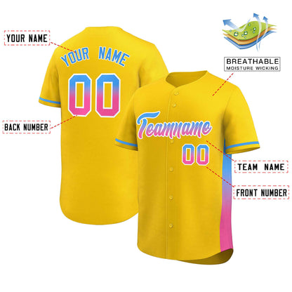 Custom Gold Powder Blue-Pink Personalized Gradient Font And Side Design Authentic Baseball Jersey