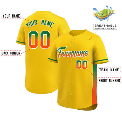 Custom Gold Kelly Green-Orange Personalized Gradient Font And Side Design Authentic Baseball Jersey