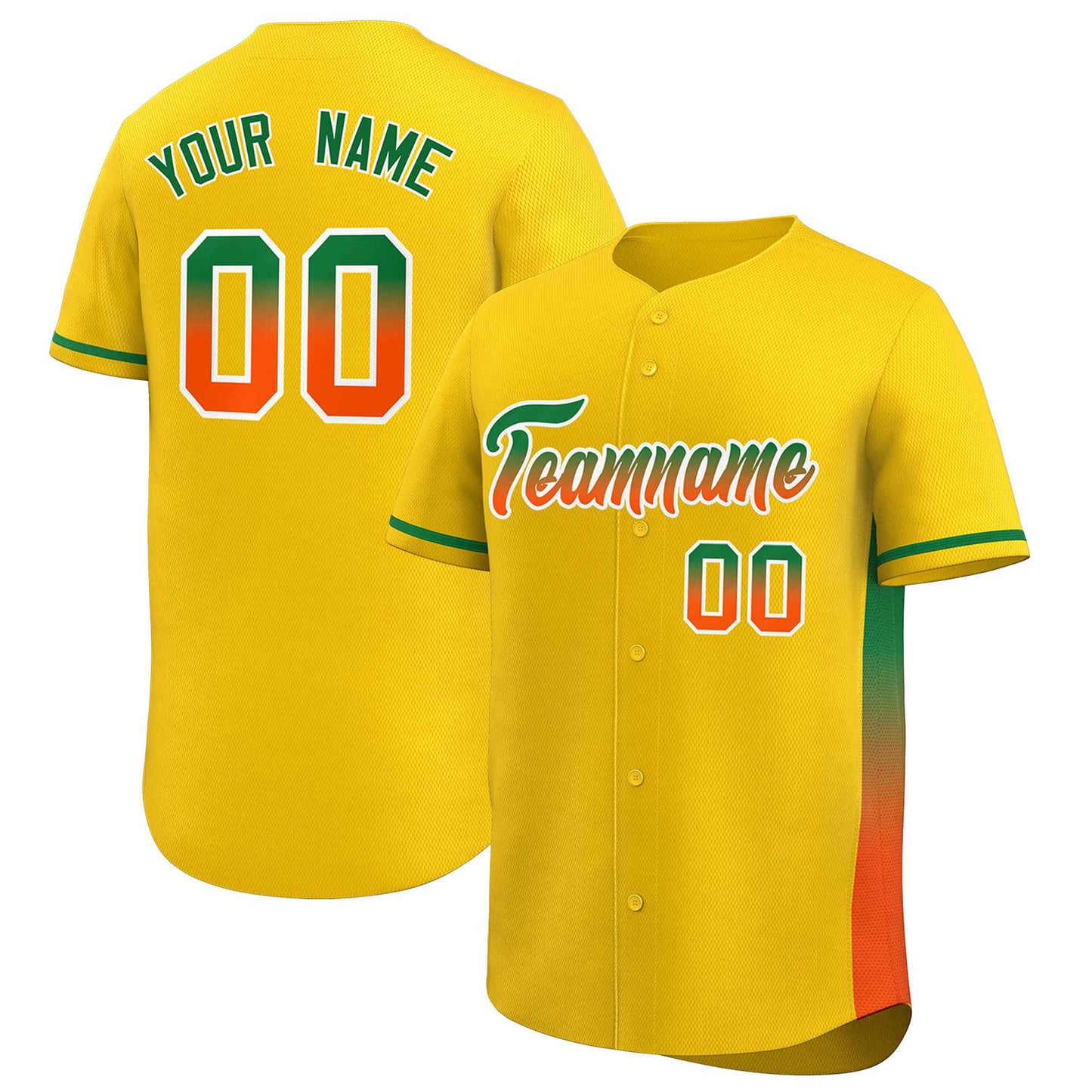 Custom Gold Kelly Green-Orange Personalized Gradient Font And Side Design Authentic Baseball Jersey