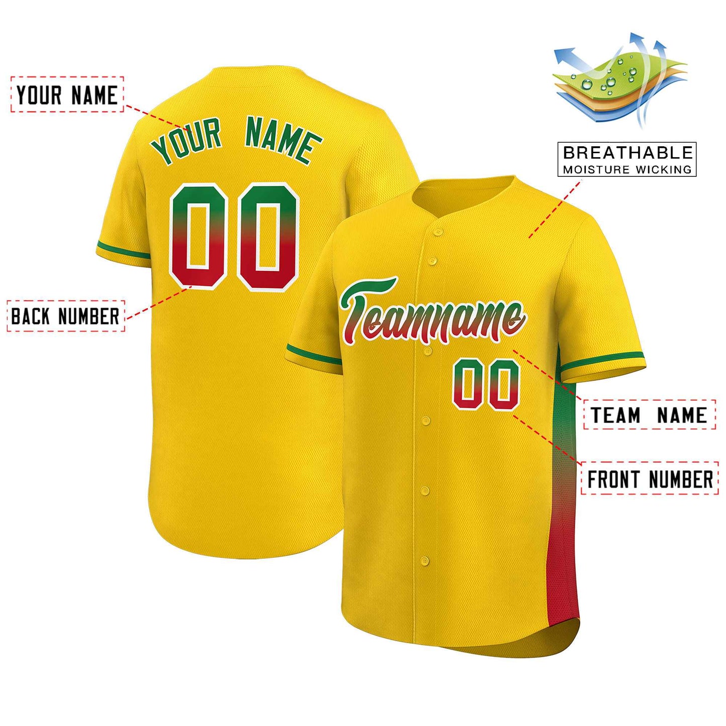 Custom Gold Kelly Green-Red Personalized Gradient Font And Side Design Authentic Baseball Jersey