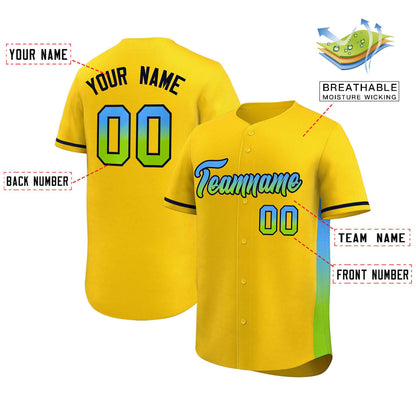 Custom Gold Powder Blue-Neon Green Personalized Gradient Font And Side Design Authentic Baseball Jersey