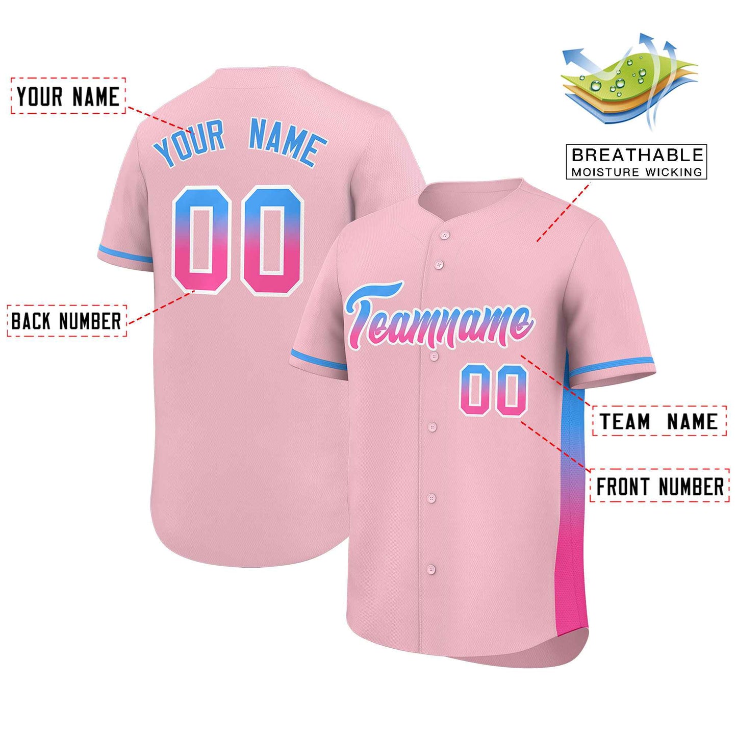 Custom Light Pink Powder Blue-Pink Personalized Gradient Font And Side Design Authentic Baseball Jersey