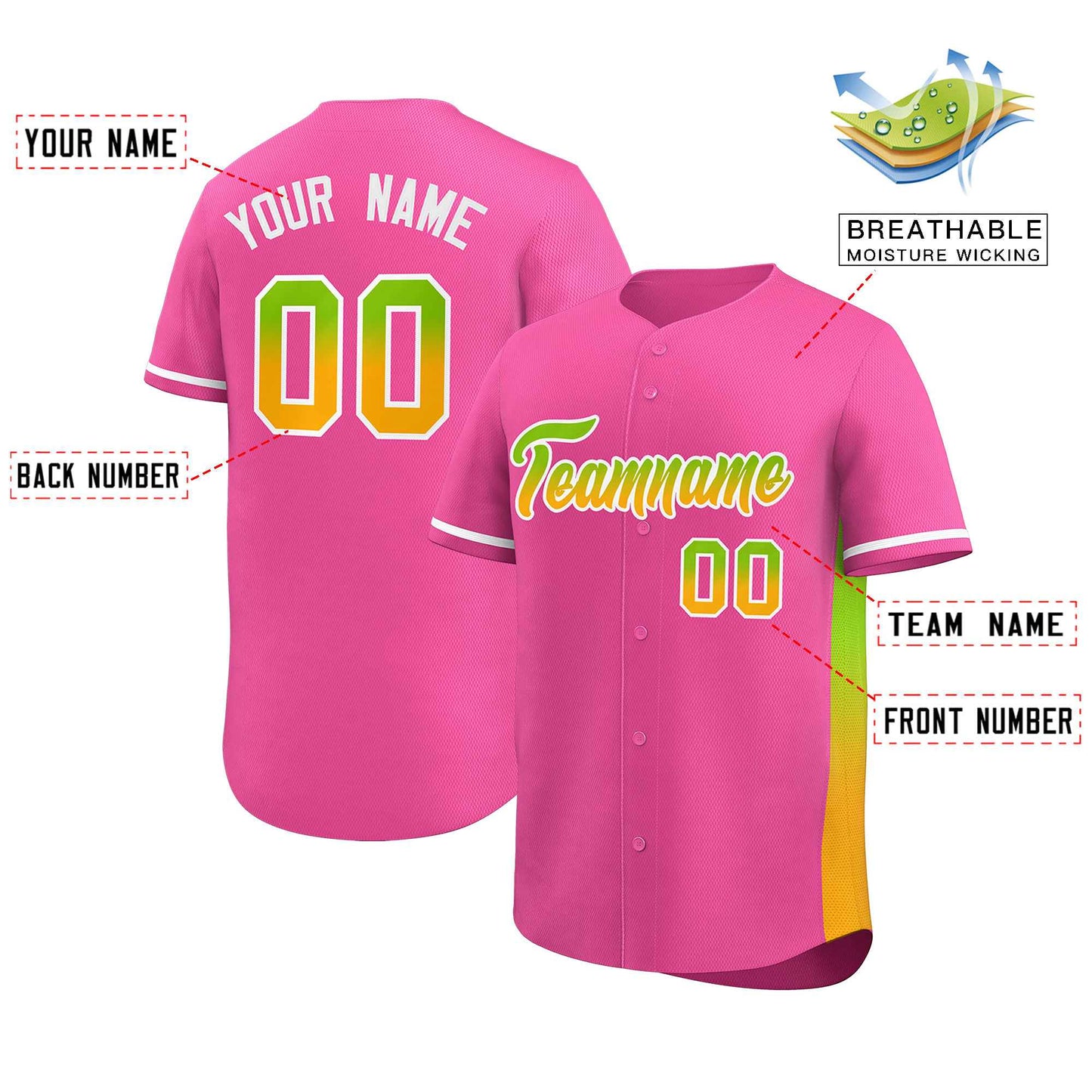 Custom Pink Neon Green-Gold Personalized Gradient Font And Side Design Authentic Baseball Jersey