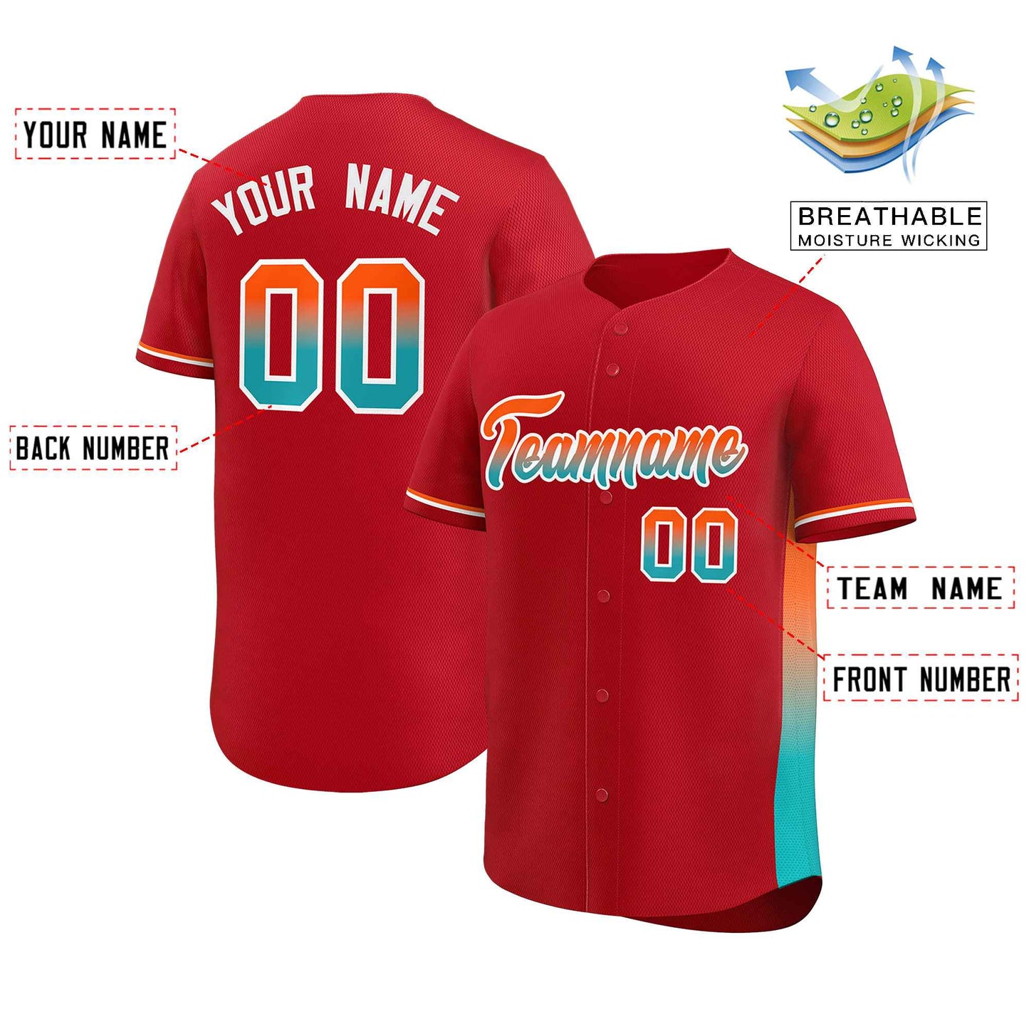 Custom Red Orange-Aqua Personalized Gradient Font And Side Design Authentic Baseball Jersey