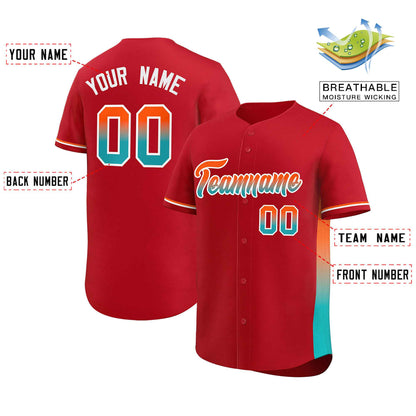 Custom Red Orange-Aqua Personalized Gradient Font And Side Design Authentic Baseball Jersey