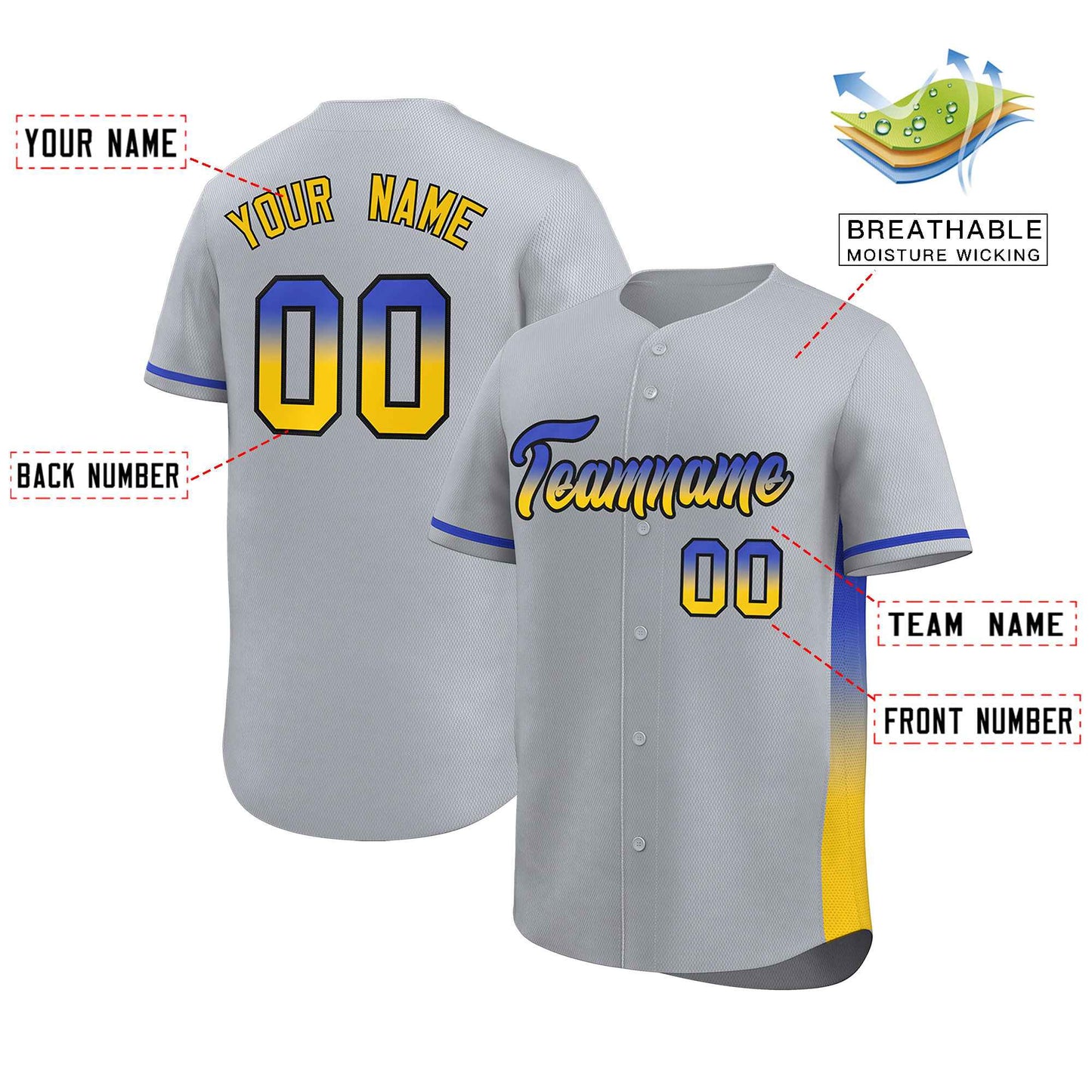 Custom Light Gray Royal-Gold Personalized Gradient Font And Side Design Authentic Baseball Jersey