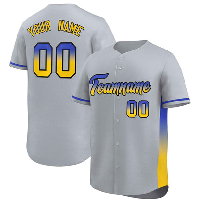 Custom Light Gray Royal-Gold Personalized Gradient Font And Side Design Authentic Baseball Jersey