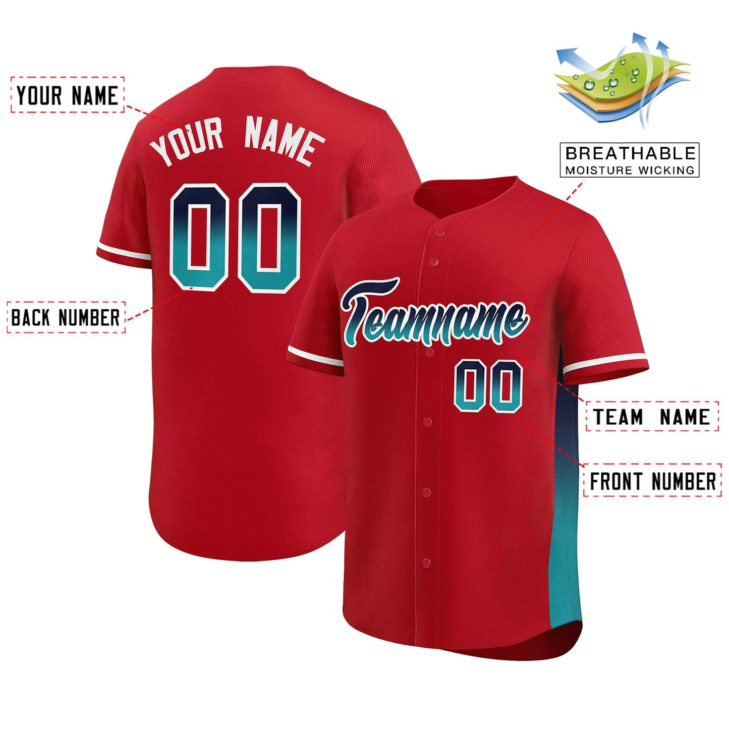 Custom Red Navy-Aqua Personalized Gradient Font And Side Design Authentic Baseball Jersey