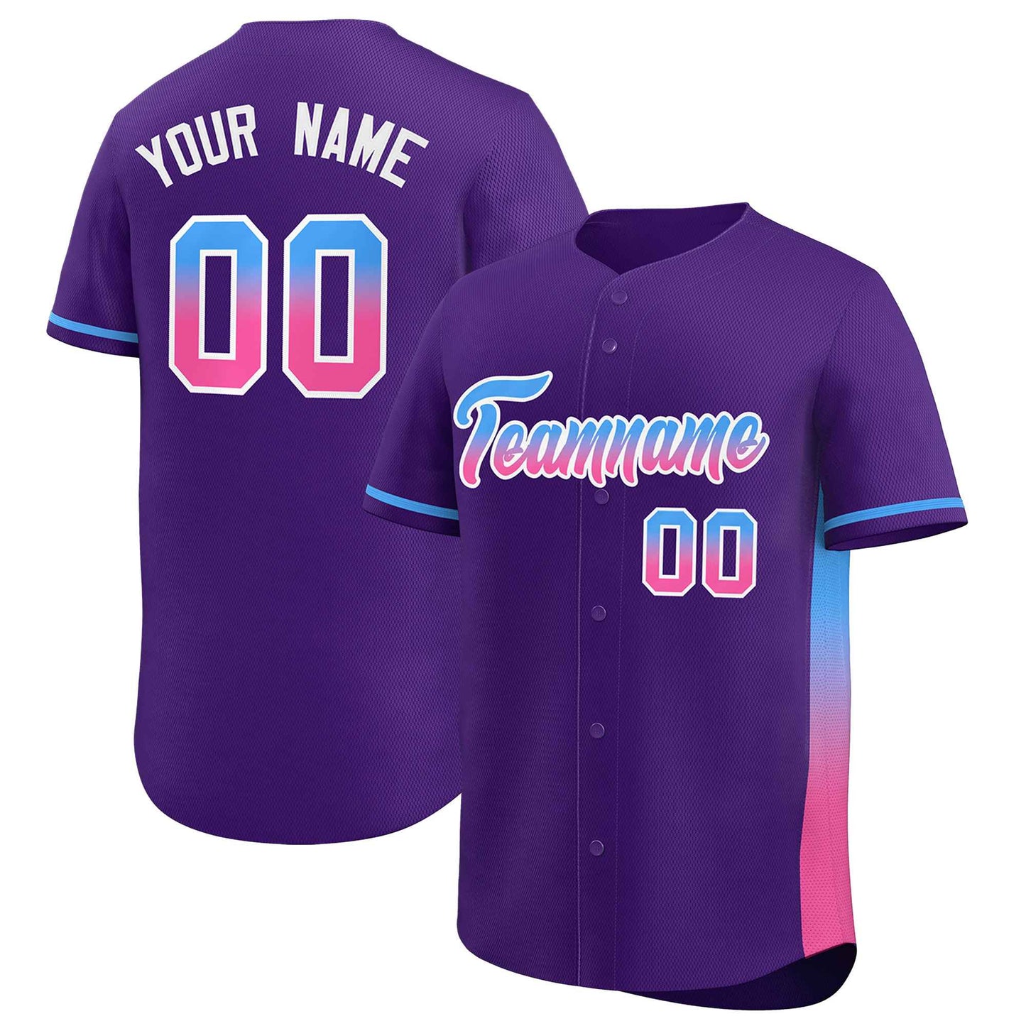 Custom Purple Powder Blue-Pink Personalized Gradient Font And Side Design Authentic Baseball Jersey