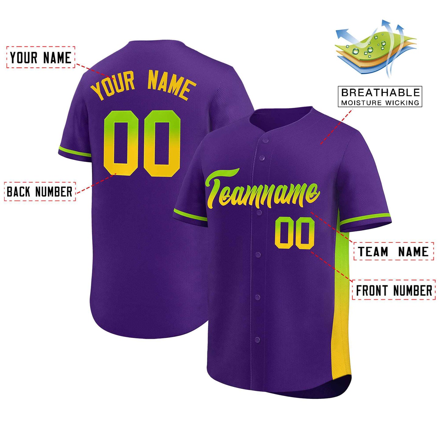 Custom Purple Neon Green-Gold Personalized Gradient Font And Side Design Authentic Baseball Jersey