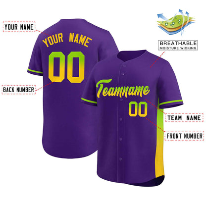 Custom Purple Neon Green-Gold Personalized Gradient Font And Side Design Authentic Baseball Jersey