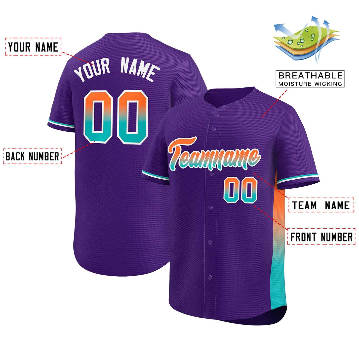 Custom Purple Orange-Aqua Personalized Gradient Font And Side Design Authentic Baseball Jersey