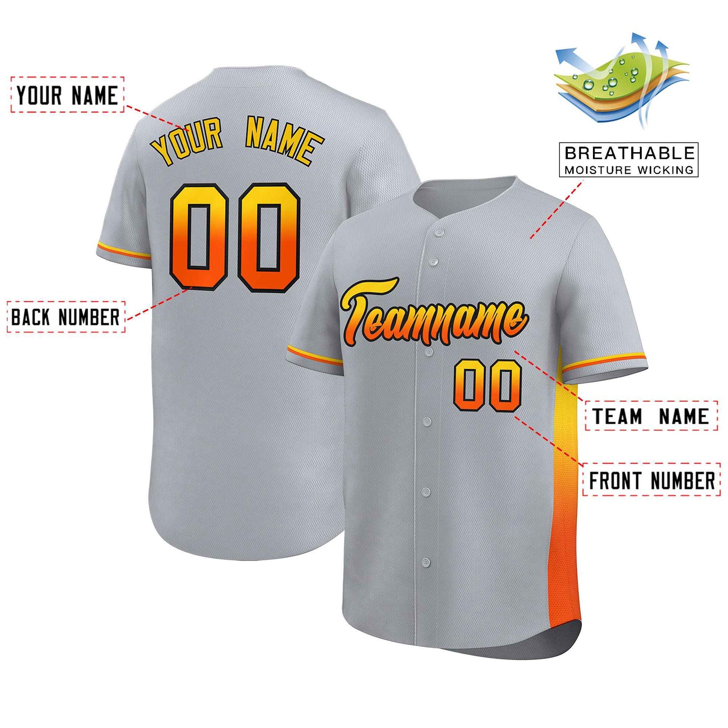 Custom Light Gray Gold-Orange Personalized Gradient Font And Side Design Authentic Baseball Jersey