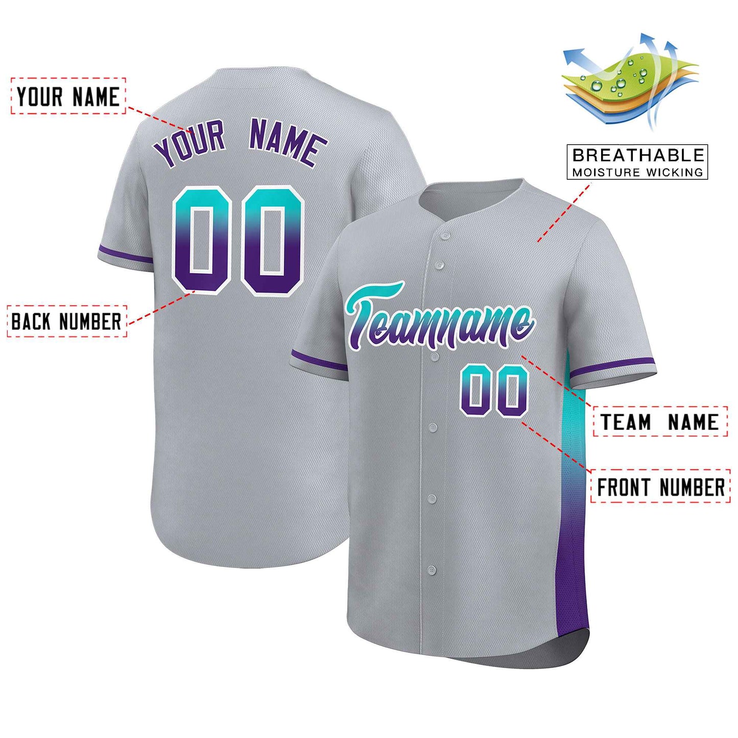 Custom Light Gray Aqua-Purple Personalized Gradient Font And Side Design Authentic Baseball Jersey