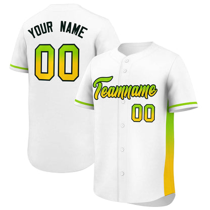 Custom White Neon Green-Gold Personalized Gradient Font And Side Design Authentic Baseball Jersey