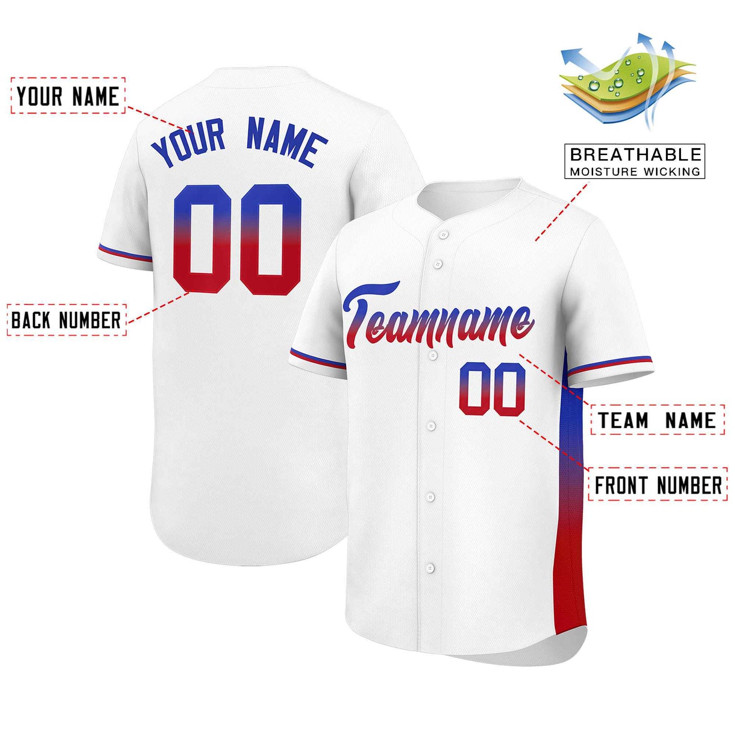 Custom White Royal-Red Personalized Gradient Font And Side Design Authentic Baseball Jersey