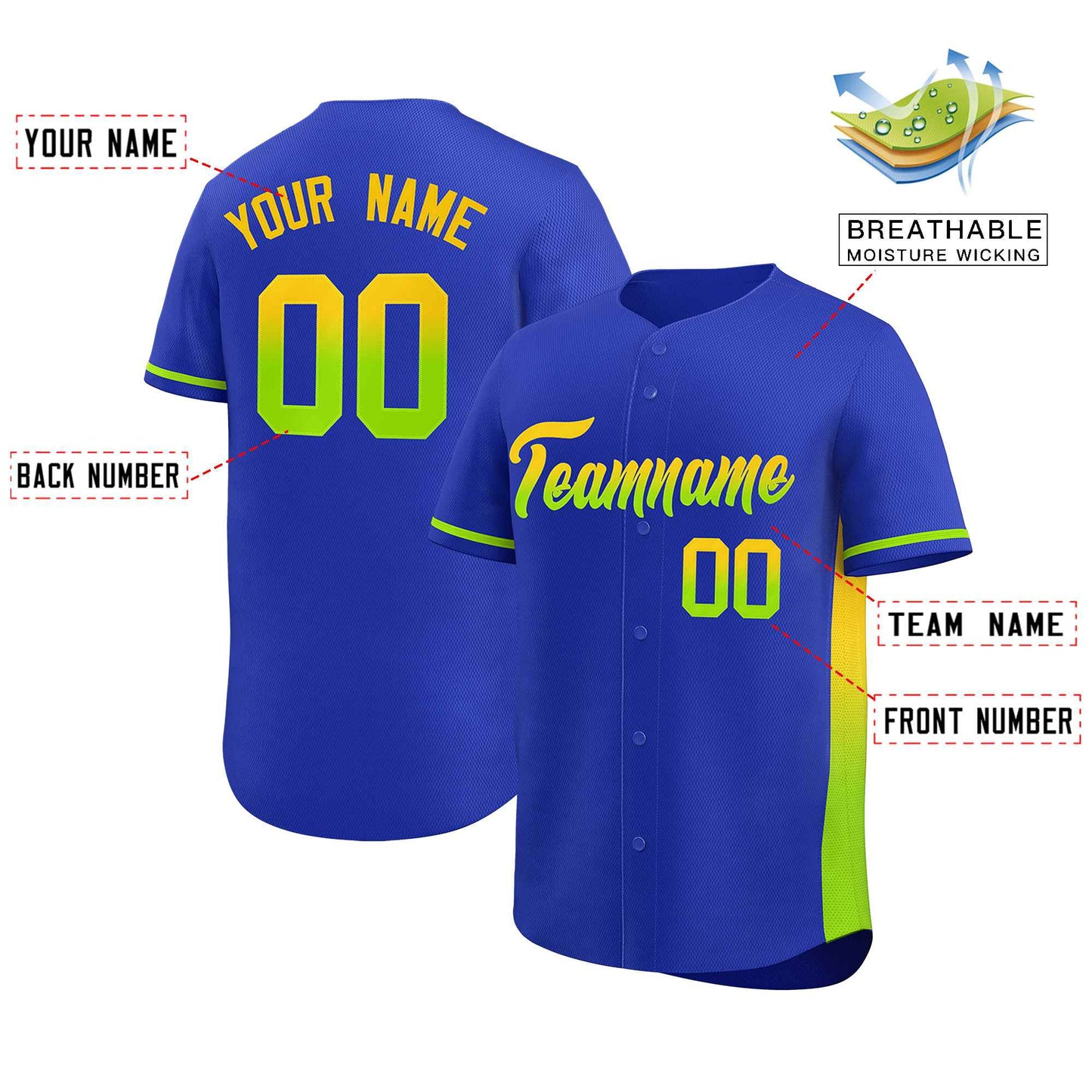 Custom Royal Gold-Neon Green Personalized Gradient Font And Side Design Authentic Baseball Jersey