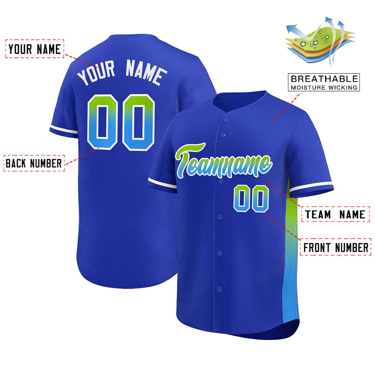 Custom Royal Neon Green-Powder Blue Personalized Gradient Font And Side Design Authentic Baseball Jersey