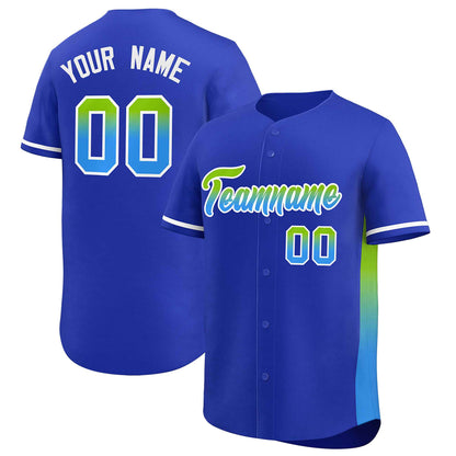 Custom Royal Neon Green-Powder Blue Personalized Gradient Font And Side Design Authentic Baseball Jersey