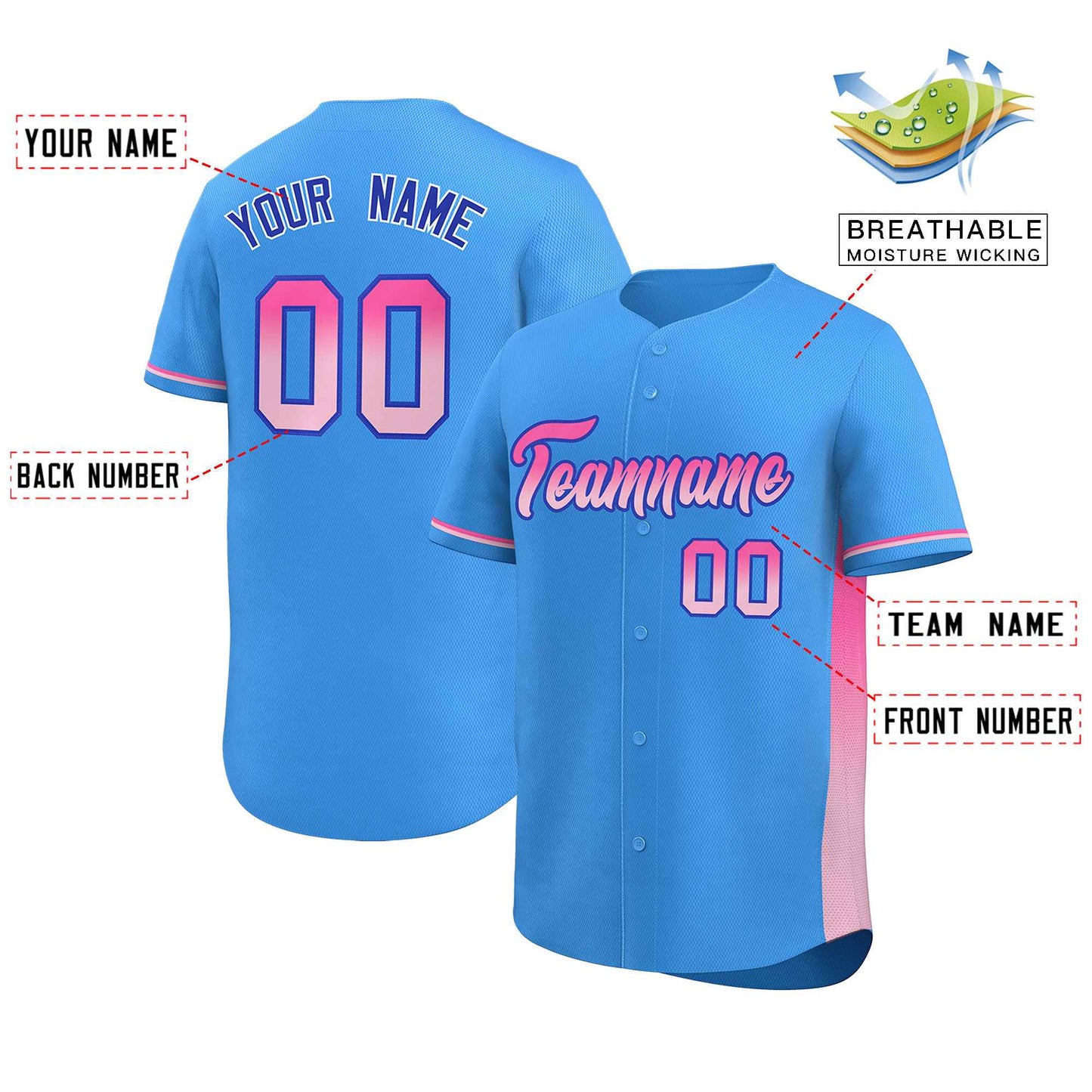 Custom Powder Blue Pink-Lt Pink Personalized Gradient Font And Side Design Authentic Baseball Jersey