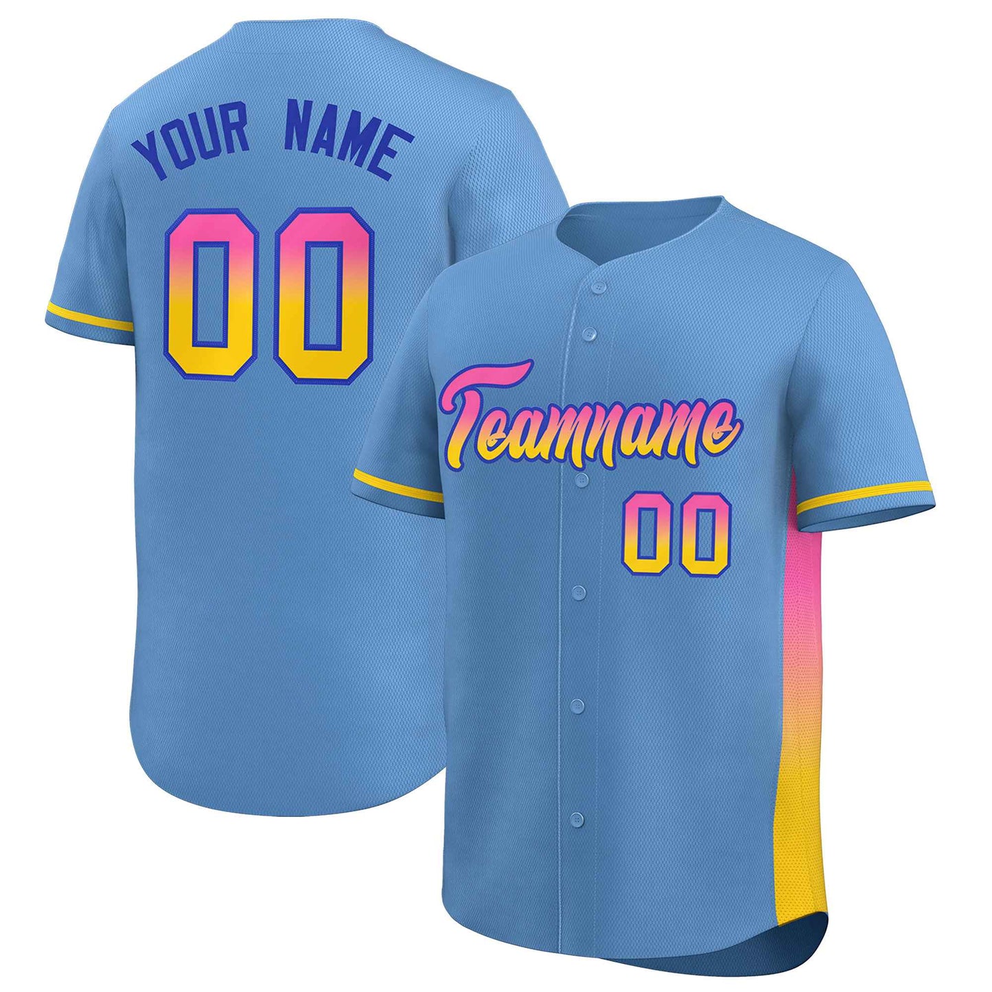 Custom Light Blue Pink-Gold Personalized Gradient Font And Side Design Authentic Baseball Jersey