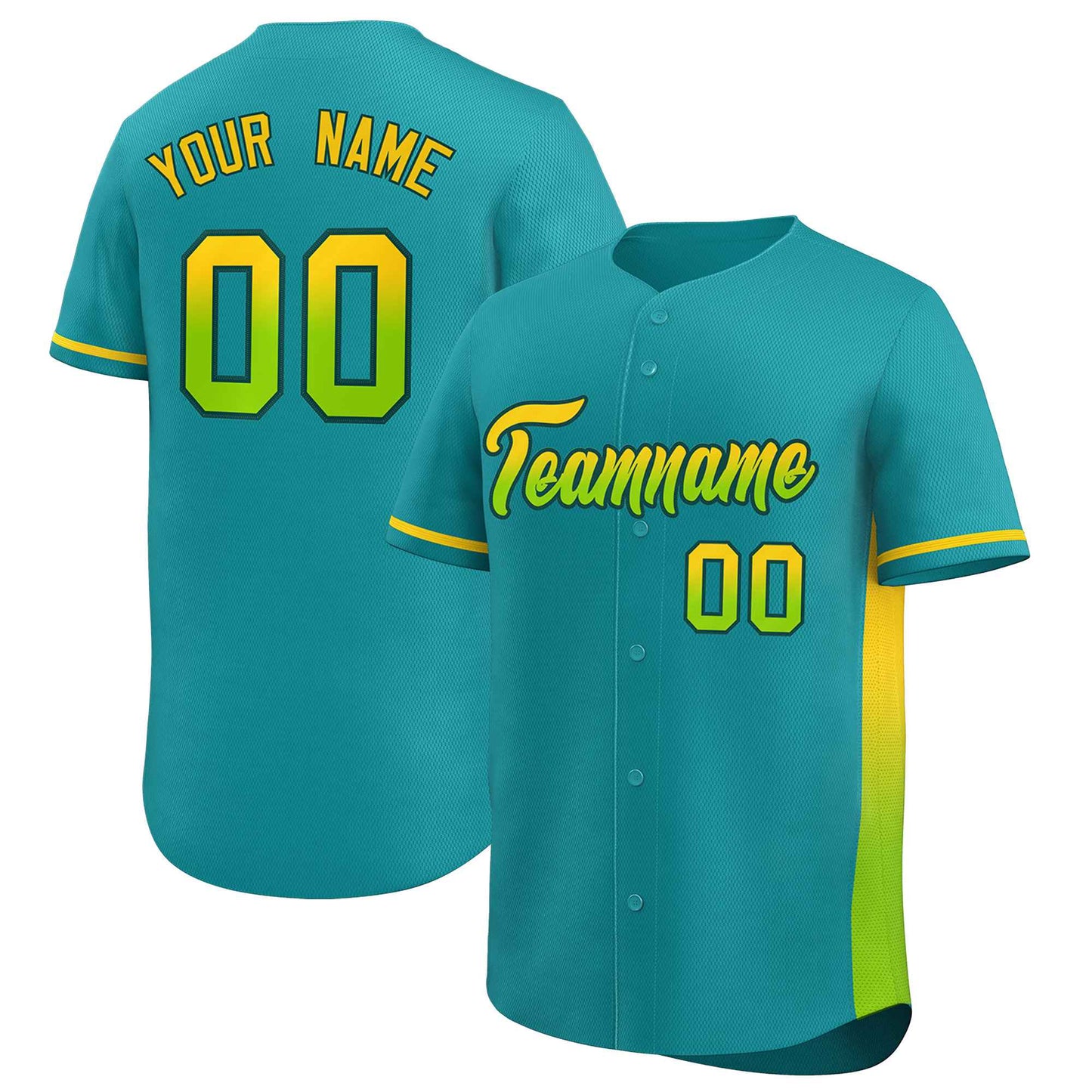 Custom Aqua Gold-Neon Green Personalized Gradient Font And Side Design Authentic Baseball Jersey