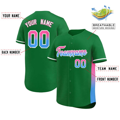 Custom Kelly Green Pink-Powder Blue Personalized Gradient Font And Side Design Authentic Baseball Jersey