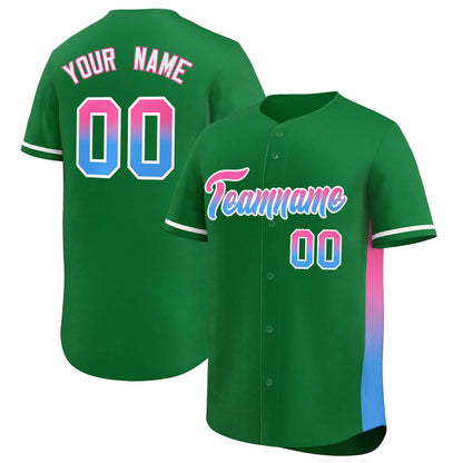 Custom Kelly Green Pink-Powder Blue Personalized Gradient Font And Side Design Authentic Baseball Jersey