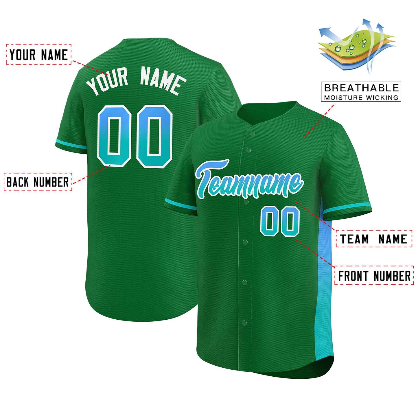 Custom Kelly Green Powder Blue-Aqua Personalized Gradient Font And Side Design Authentic Baseball Jersey