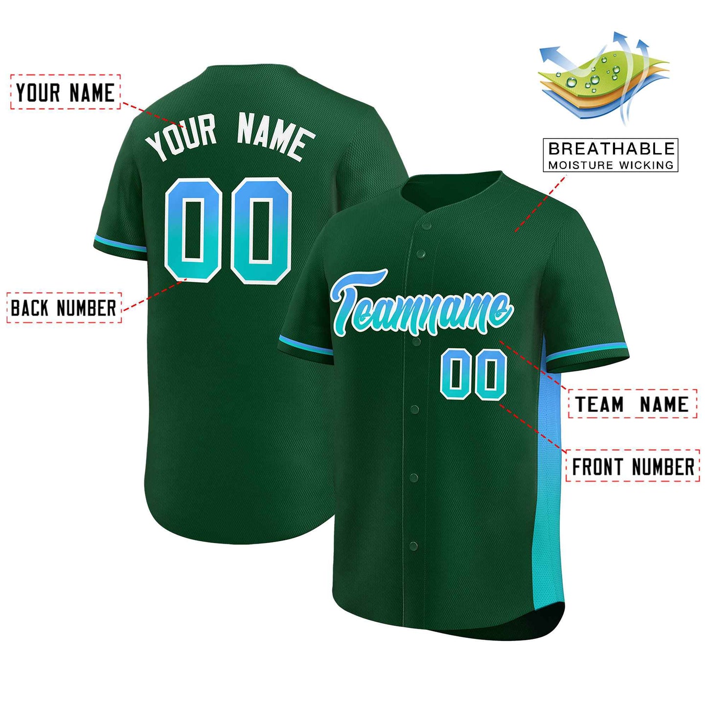 Custom Green Powder Blue-Aqua Personalized Gradient Font And Side Design Authentic Baseball Jersey