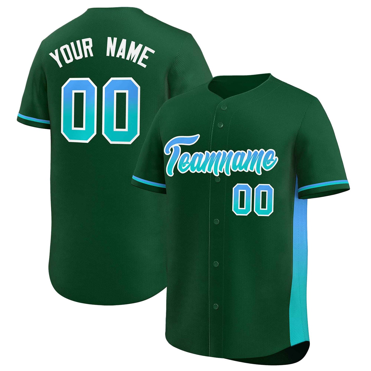 Custom Green Powder Blue-Aqua Personalized Gradient Font And Side Design Authentic Baseball Jersey