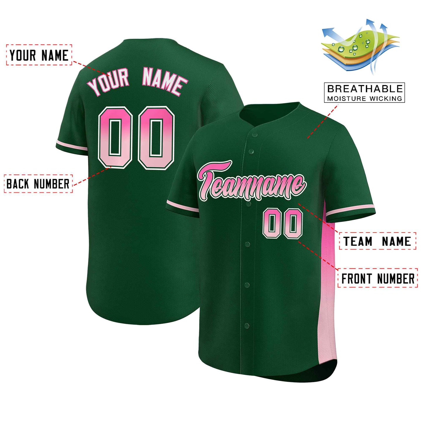 Custom Green Pink-Lt Pink Personalized Gradient Font And Side Design Authentic Baseball Jersey