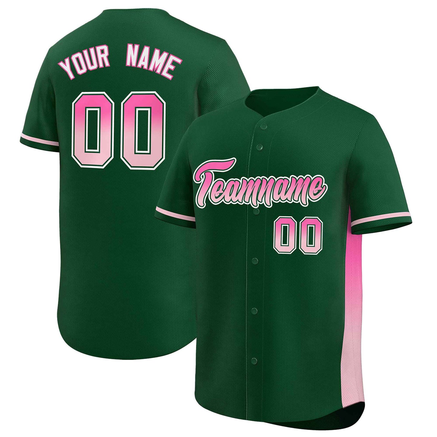 Custom Green Pink-Lt Pink Personalized Gradient Font And Side Design Authentic Baseball Jersey