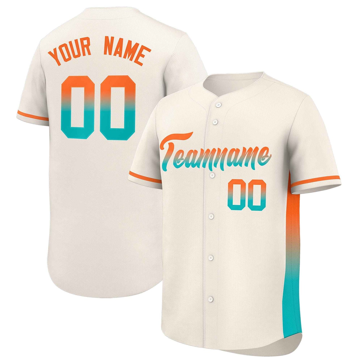 Custom Cream Orange-Aqua Personalized Gradient Font And Side Design Authentic Baseball Jersey