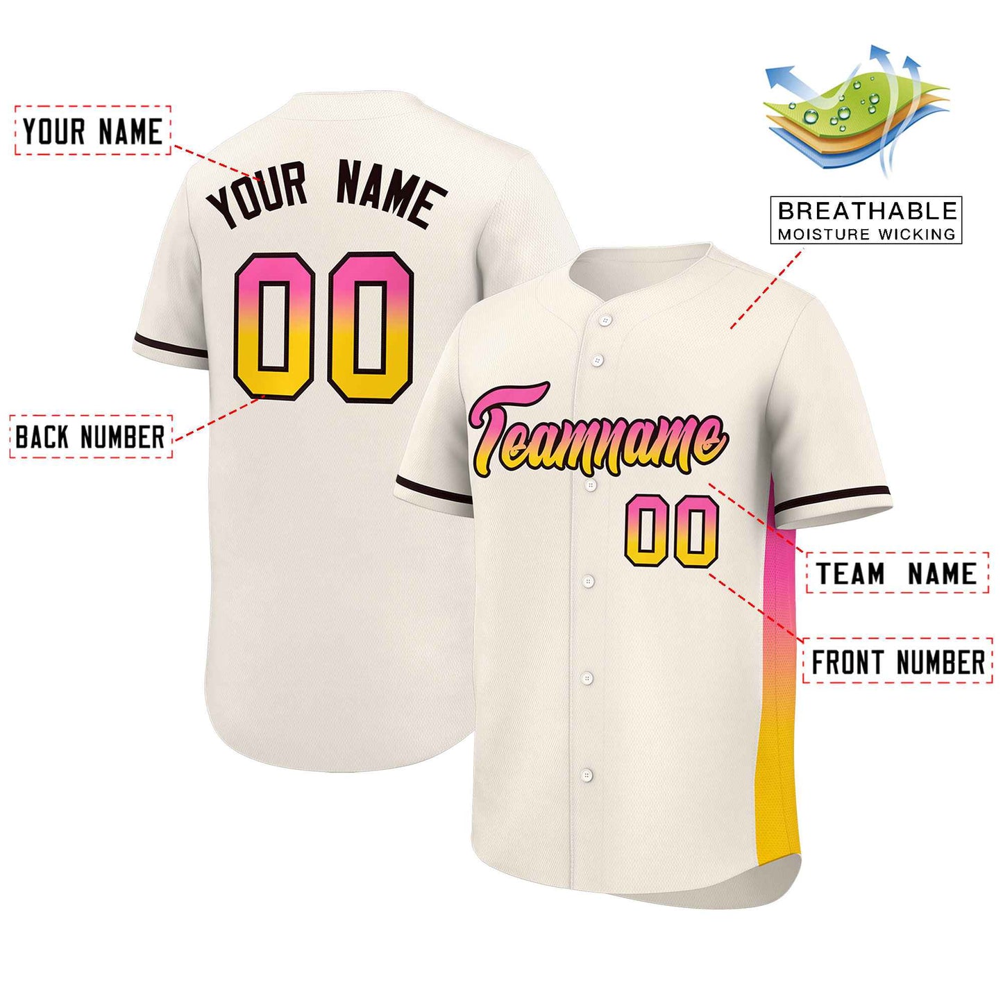 Custom Cream Pink-Gold Personalized Gradient Font And Side Design Authentic Baseball Jersey