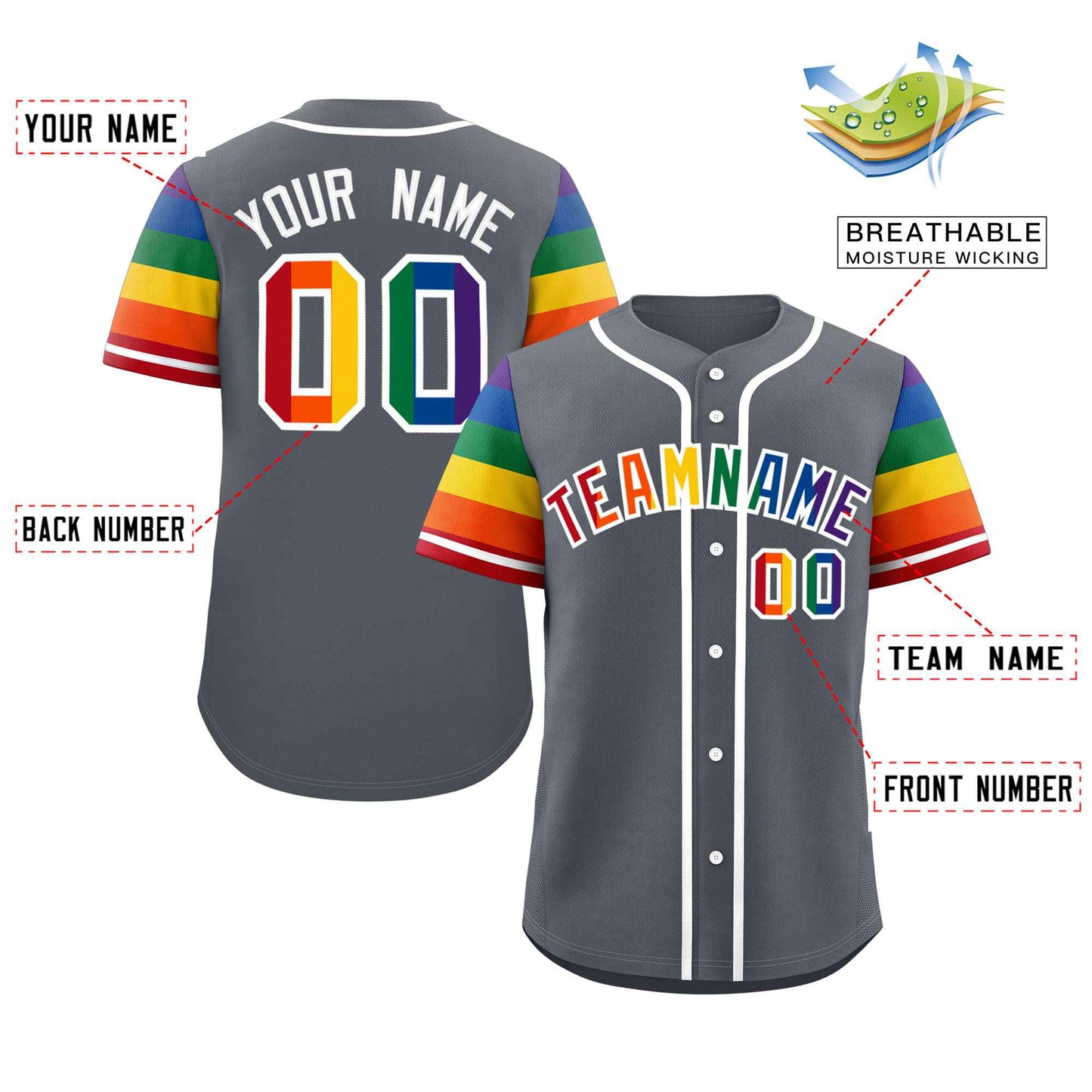 Custom Dark Gray LGBT Rainbow For Pride Month Raglan Sleeves Authentic Baseball Jersey