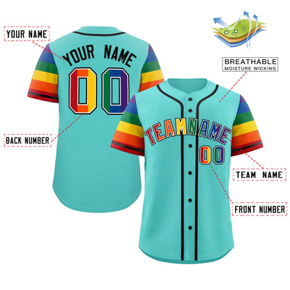 Custom Aqua LGBT Rainbow For Pride Month Raglan Sleeves Authentic Baseball Jersey