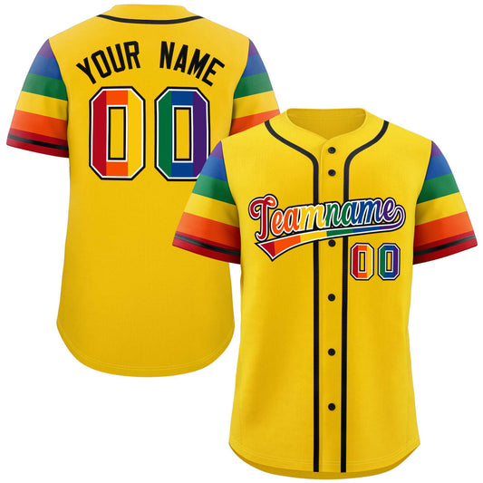 Custom Gold LGBT Rainbow For Pride Month Raglan Sleeves Authentic Baseball Jersey