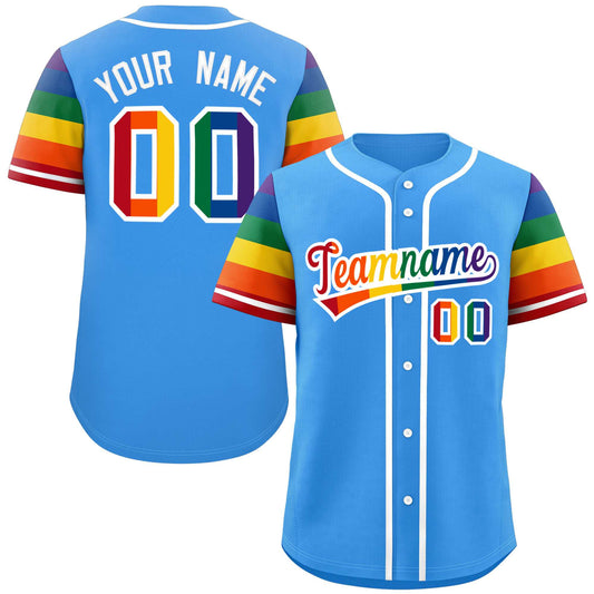 Custom Powder Blue LGBT Rainbow For Pride Month Raglan Sleeves Authentic Baseball Jersey