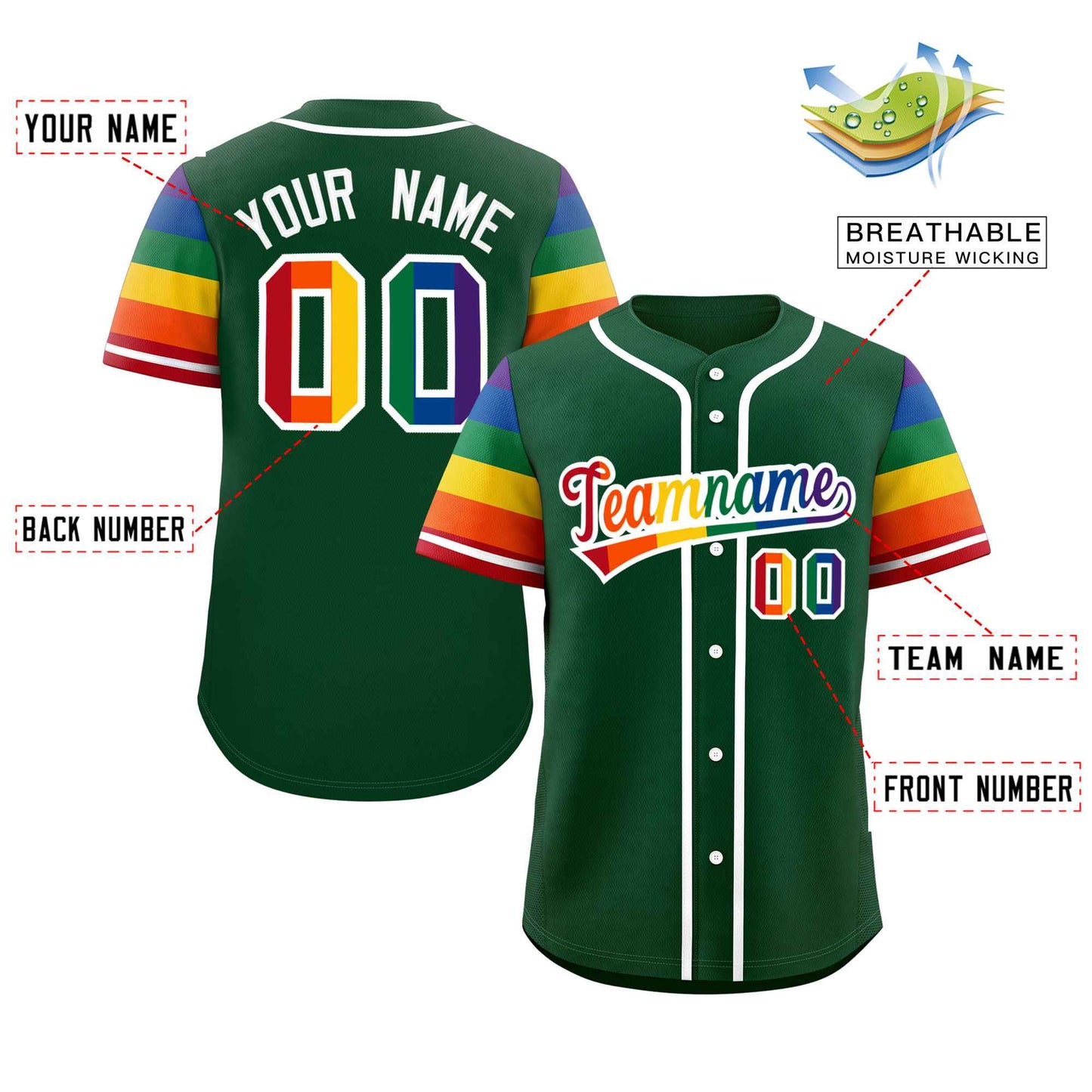 Custom Green LGBT Rainbow For Pride Month Raglan Sleeves Authentic Baseball Jersey