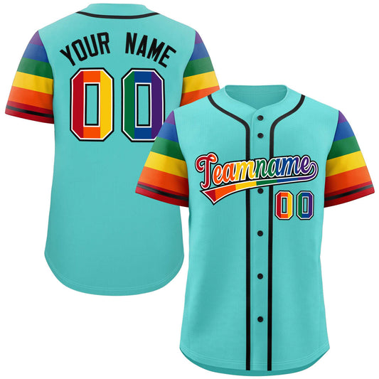 Custom Aqua LGBT Rainbow For Pride Month Raglan Sleeves Authentic Baseball Jersey