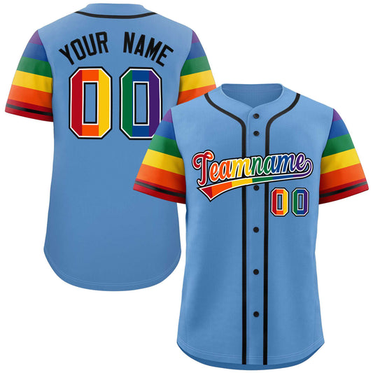 Custom Light Blue LGBT Rainbow For Pride Month Raglan Sleeves Authentic Baseball Jersey